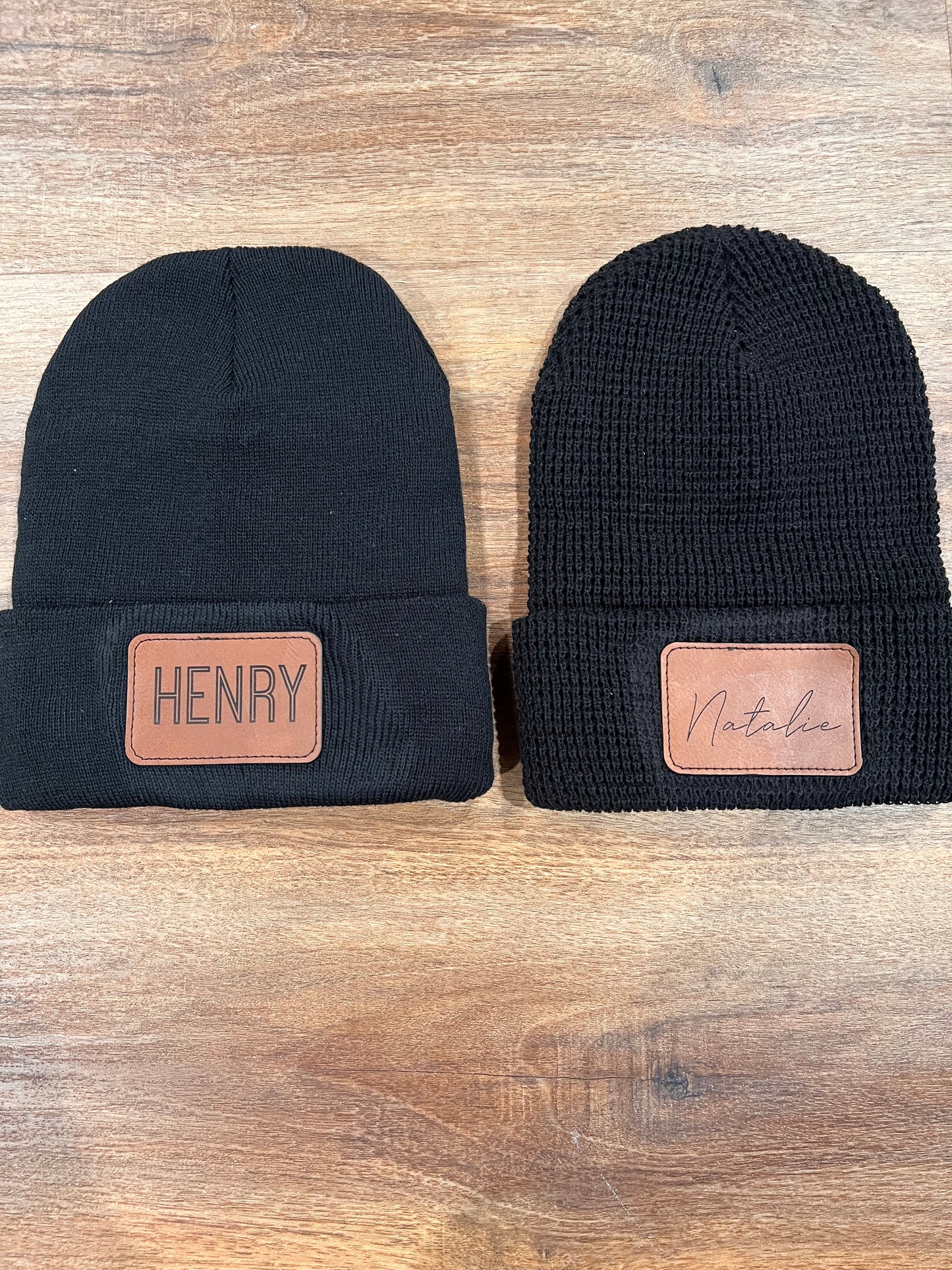 Leather patch beanies