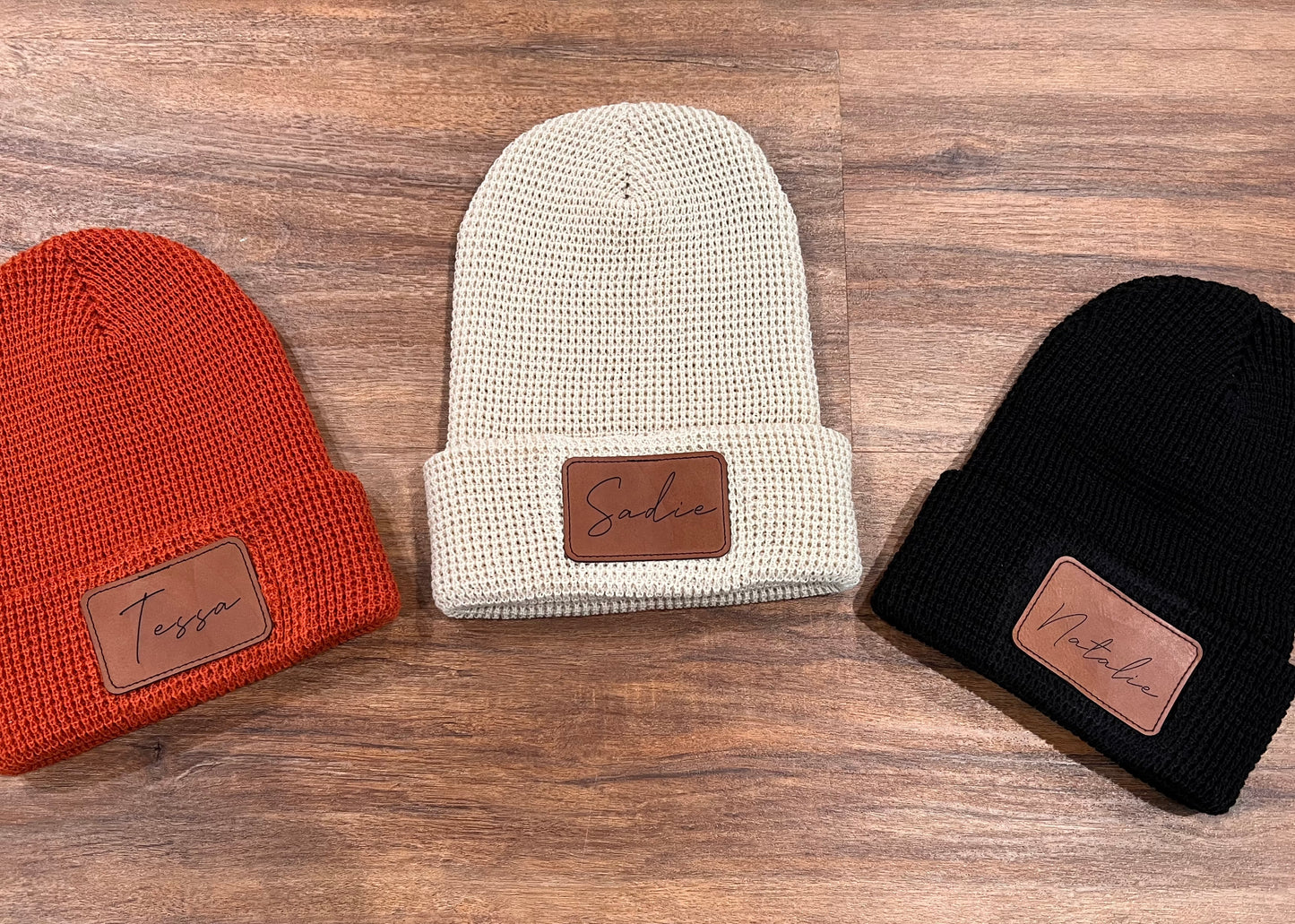 Leather patch beanies