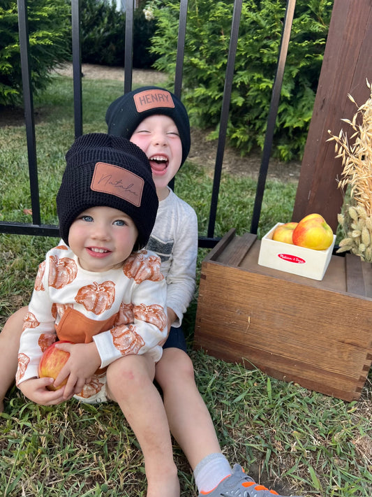 Leather patch beanies