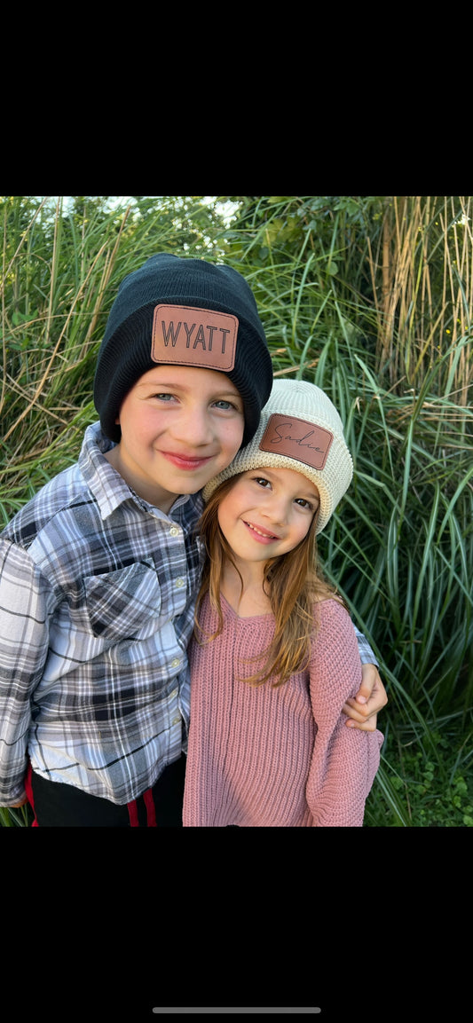 Leather patch beanies