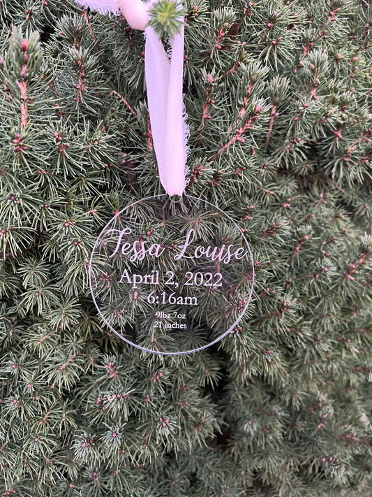 Baby statistics ornament, clear