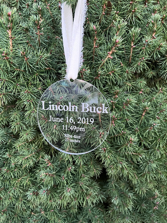 Baby statistics ornament, clear