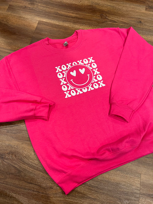 Hot Pink Retro smiley face hearts crew neck
