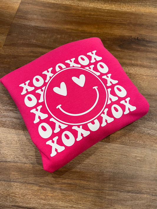 Hot Pink Retro smiley face hearts crew neck