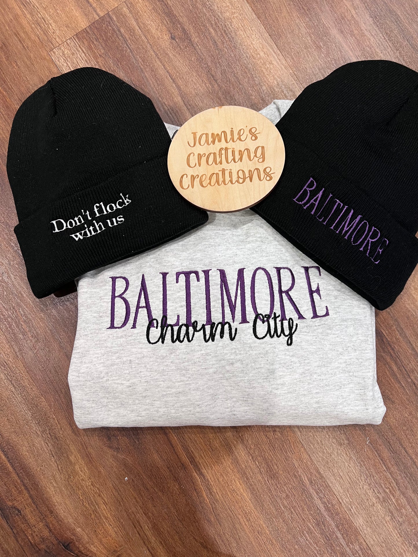 Embroidered Baltimore football beanies