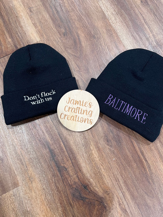 Embroidered Baltimore football beanies