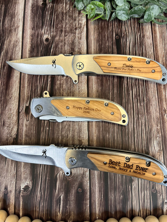 Engraved wooden handle knife